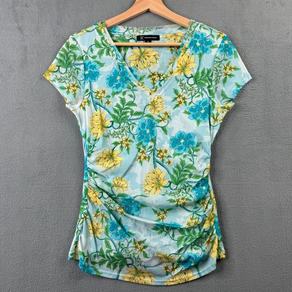INC International Concepts Womens Petite Large Blue Floral Mesh Ruched Top